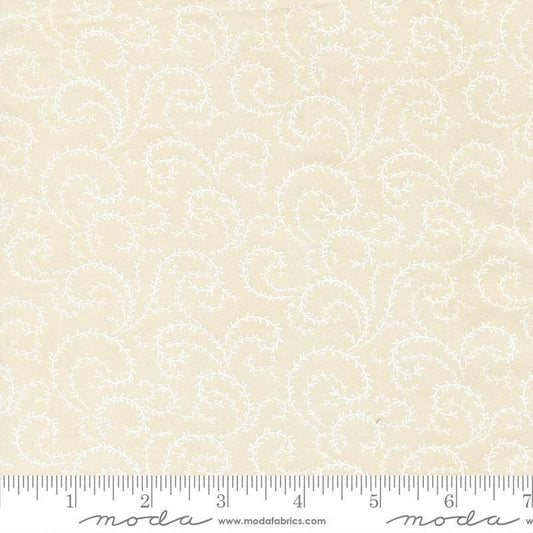 Image of Breathtaking Blues Vine Porcelain White quilting cotton fabric by 3 Sisters for Moda Fabrics. Features leaves on a cream background. Cute Little Fabric Shop.