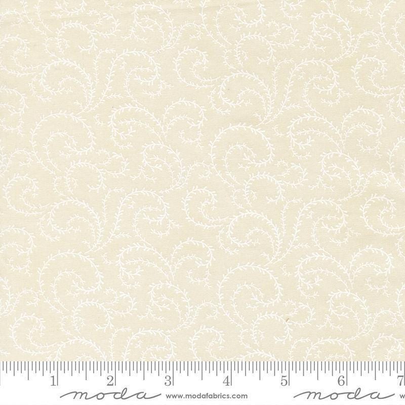 Image of Breathtaking Blues Vine Porcelain White quilting cotton fabric by 3 Sisters for Moda Fabrics. Features leaves on a cream background. Cute Little Fabric Shop.