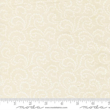 Image of Breathtaking Blues Vine Porcelain White quilting cotton fabric by 3 Sisters for Moda Fabrics. Features leaves on a cream background. Cute Little Fabric Shop.