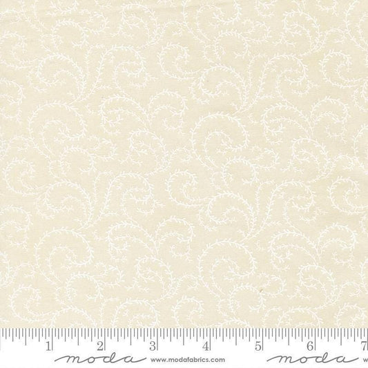 Image of Breathtaking Blues Vine Porcelain White quilting cotton fabric by 3 Sisters for Moda Fabrics. Features leaves on a cream background. Cute Little Fabric Shop.