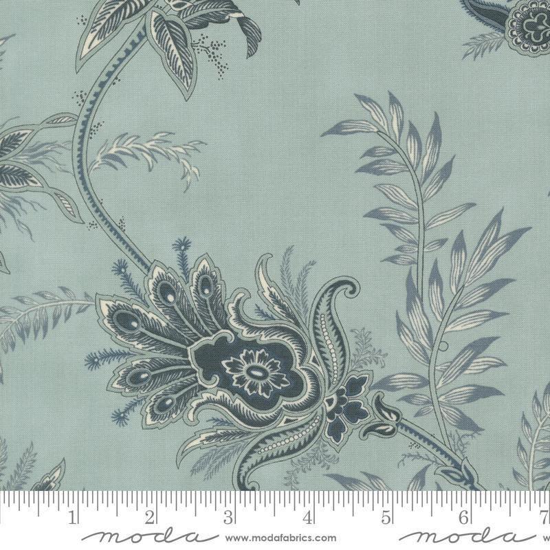 Image of Breathtaking Blues Plume Sky quilting cotton fabric by 3 Sisters for Moda Fabrics. Features flowers on a blue background. Cute Little Fabric Shop.