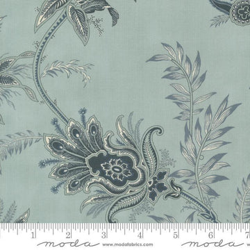 Image of Breathtaking Blues Plume Sky quilting cotton fabric by 3 Sisters for Moda Fabrics. Features flowers on a blue background. Cute Little Fabric Shop.