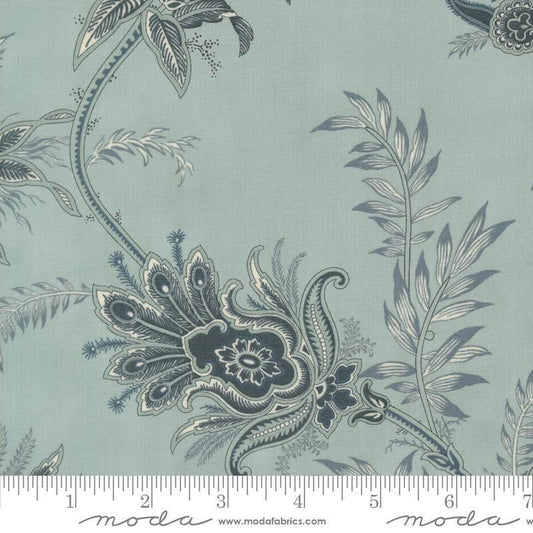 Image of Breathtaking Blues Plume Sky quilting cotton fabric by 3 Sisters for Moda Fabrics. Features flowers on a blue background. Cute Little Fabric Shop.