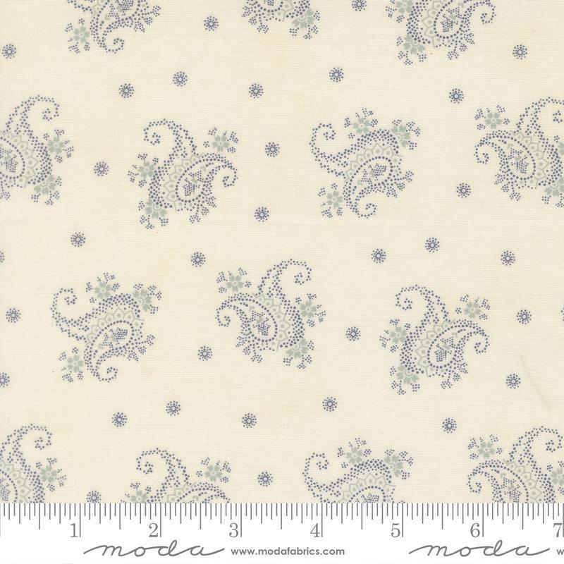 Image of Breathtaking Blues Paisley Porcelain quilting cotton fabric by 3 Sisters for Moda Fabrics. Features paisley on a cream background. Cute Little Fabric Shop.