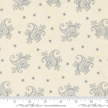 Image of Breathtaking Blues Paisley Porcelain quilting cotton fabric by 3 Sisters for Moda Fabrics. Features paisley on a cream background. Cute Little Fabric Shop.