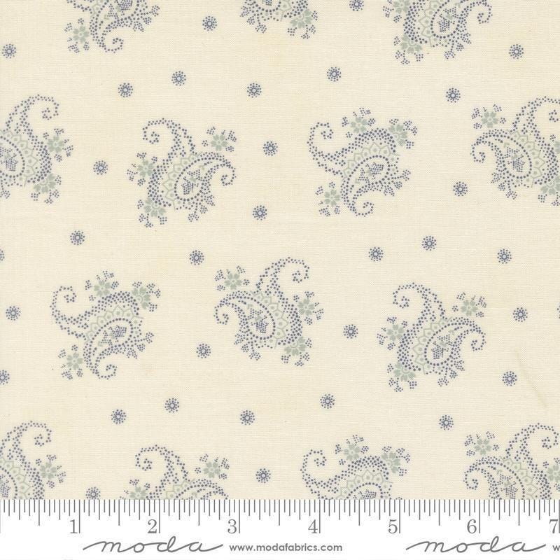 Image of Breathtaking Blues Paisley Porcelain quilting cotton fabric by 3 Sisters for Moda Fabrics. Features paisley on a cream background. Cute Little Fabric Shop.