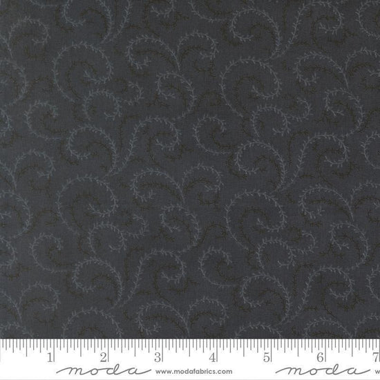 Image of Breathtaking Blues Vine Midnight quilting cotton fabric by 3 Sisters for Moda Fabrics. Features leaves on a black background. Cute Little Fabric Shop.
