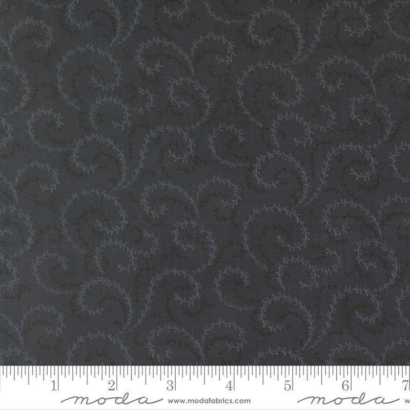 Image of Breathtaking Blues Vine Midnight quilting cotton fabric by 3 Sisters for Moda Fabrics. Features leaves on a black background. Cute Little Fabric Shop.