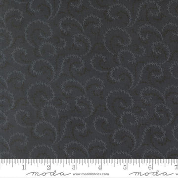 Image of Breathtaking Blues Vine Midnight quilting cotton fabric by 3 Sisters for Moda Fabrics. Features leaves on a black background. Cute Little Fabric Shop.