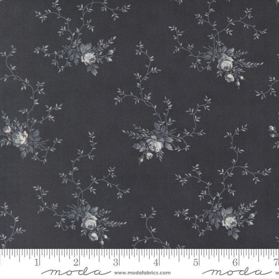 Image of Breathtaking Blues Rose Garden Midnight quilting cotton fabric by 3 Sisters for Moda Fabrics. Features flowers on a black background. Cute Little Fabric Shop.