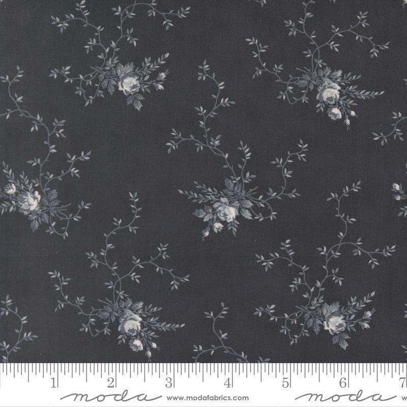 Image of Breathtaking Blues Rose Garden Midnight quilting cotton fabric by 3 Sisters for Moda Fabrics. Features flowers on a black background. Cute Little Fabric Shop.
