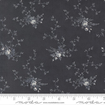 Image of Breathtaking Blues Rose Garden Midnight quilting cotton fabric by 3 Sisters for Moda Fabrics. Features flowers on a black background. Cute Little Fabric Shop.