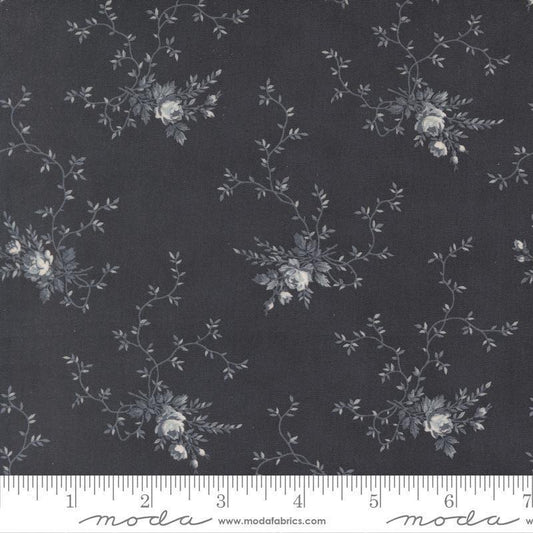 Image of Breathtaking Blues Rose Garden Midnight quilting cotton fabric by 3 Sisters for Moda Fabrics. Features flowers on a black background. Cute Little Fabric Shop.