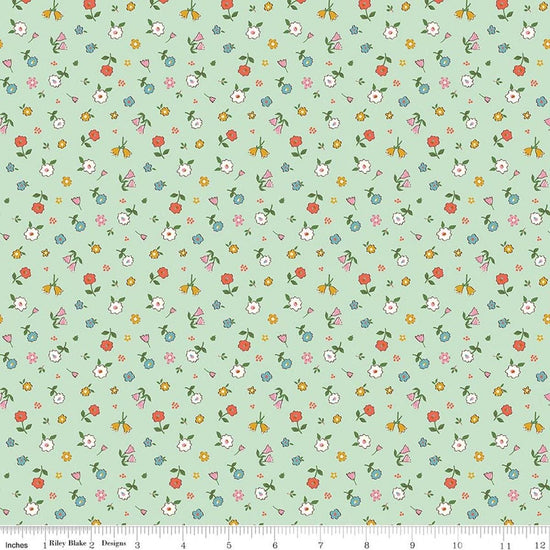 Image of Cotton Nook Pretty Mint quilting cotton fabric by Minki Kim for Riley Blake Designs. Features flowers on a green background. Cute Little Fabric Shop.