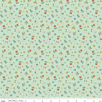 Image of Cotton Nook Pretty Mint quilting cotton fabric by Minki Kim for Riley Blake Designs. Features flowers on a green background. Cute Little Fabric Shop.