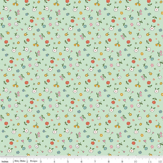 Image of Cotton Nook Pretty Mint quilting cotton fabric by Minki Kim for Riley Blake Designs. Features flowers on a green background. Cute Little Fabric Shop.