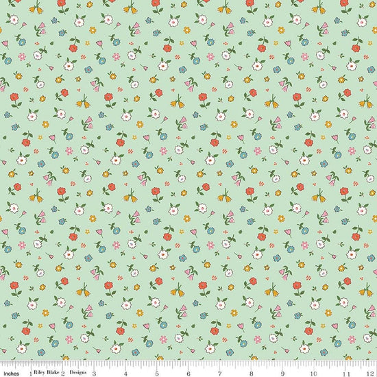 Image of Cotton Nook Pretty Mint quilting cotton fabric by Minki Kim for Riley Blake Designs. Features flowers on a green background. Cute Little Fabric Shop.