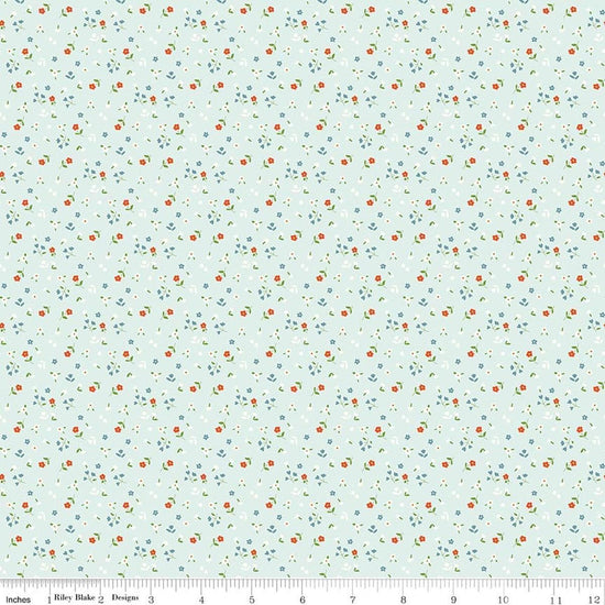 Image of Cotton Nook Flowers Bleached Denim quilting cotton fabric by Minki Kim for Riley Blake Designs. Features flowers on a blue background. Cute Little Fabric Shop.