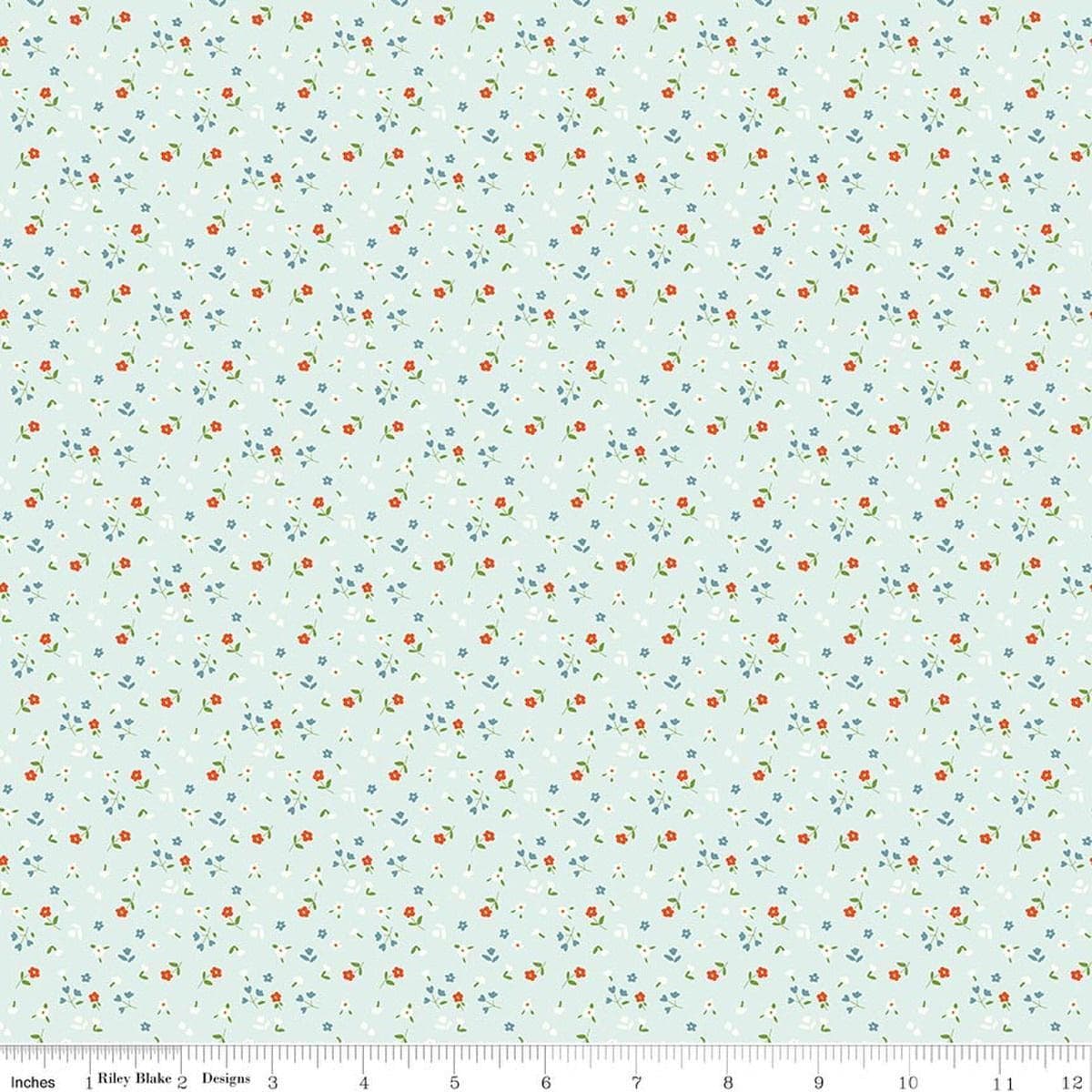 Image of Cotton Nook Flowers Bleached Denim quilting cotton fabric by Minki Kim for Riley Blake Designs. Features flowers on a blue background. Cute Little Fabric Shop.