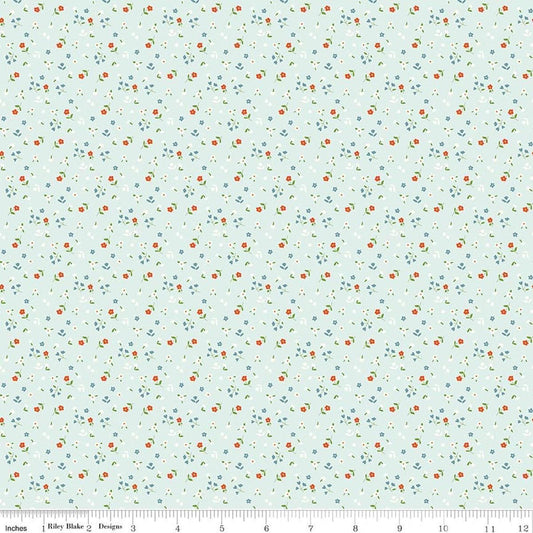 Image of Cotton Nook Flowers Bleached Denim quilting cotton fabric by Minki Kim for Riley Blake Designs. Features flowers on a blue background. Cute Little Fabric Shop.