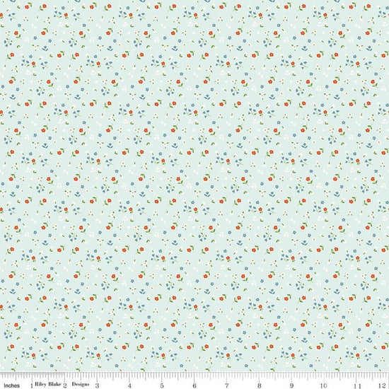 Image of Cotton Nook Flowers Bleached Denim quilting cotton fabric by Minki Kim for Riley Blake Designs. Features flowers on a blue background. Cute Little Fabric Shop.