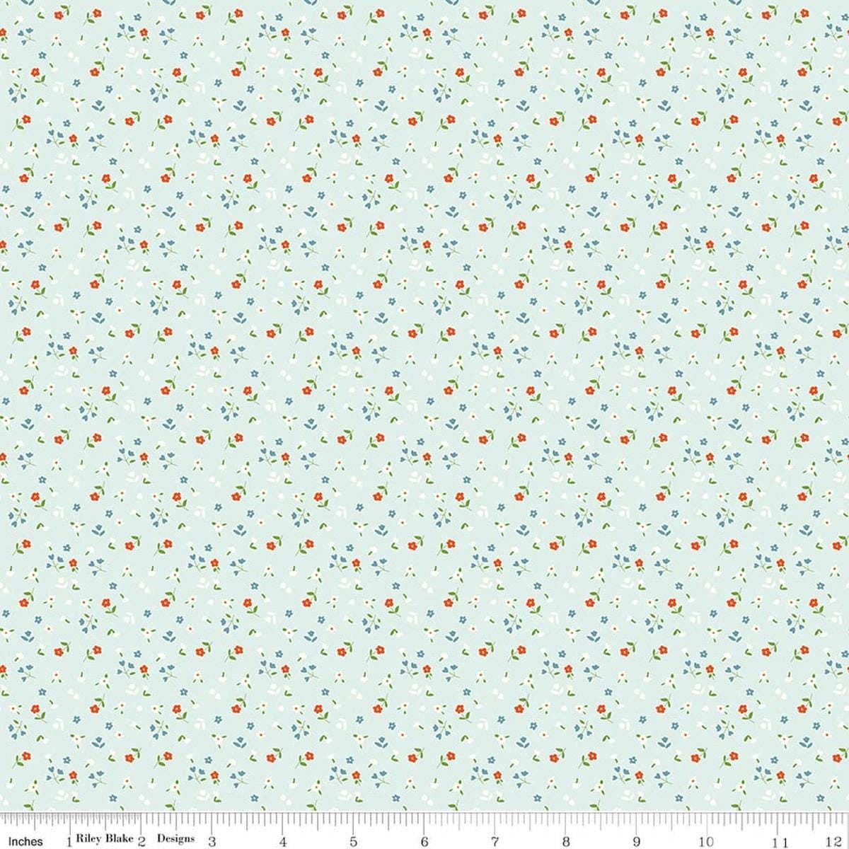 Image of Cotton Nook Flowers Bleached Denim quilting cotton fabric by Minki Kim for Riley Blake Designs. Features flowers on a blue background. Cute Little Fabric Shop.