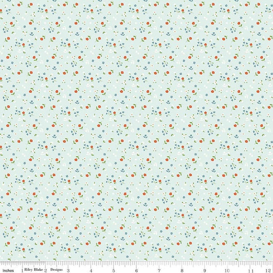 Image of Cotton Nook Flowers Bleached Denim quilting cotton fabric by Minki Kim for Riley Blake Designs. Features flowers on a blue background. Cute Little Fabric Shop.