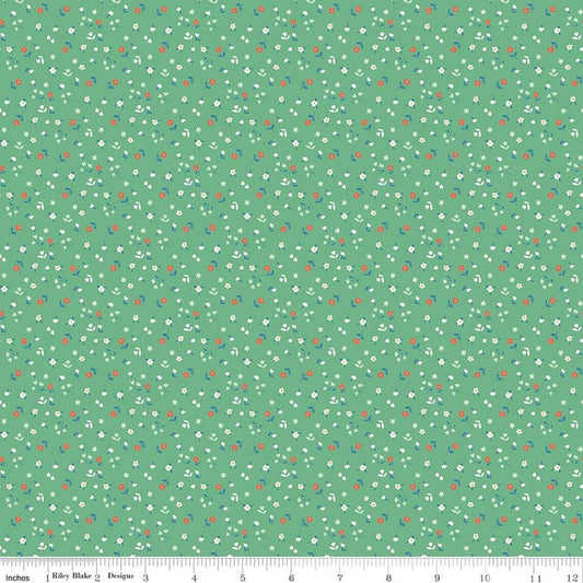Image of Cotton Nook Flowers Green quilting cotton fabric by Minki Kim for Riley Blake Designs. Features flowers on a green background. Cute Little Fabric Shop.