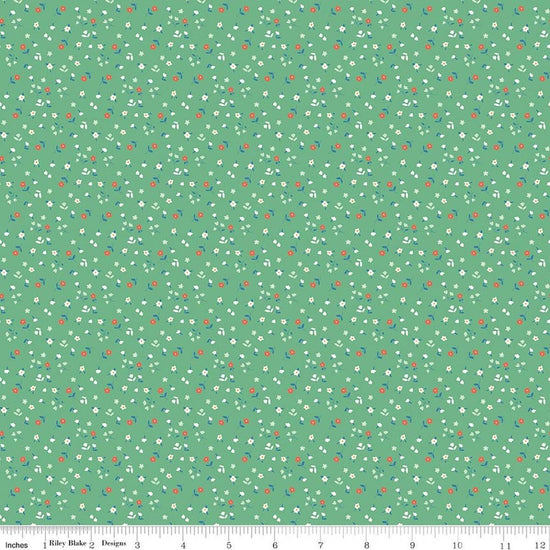 Image of Cotton Nook Flowers Green quilting cotton fabric by Minki Kim for Riley Blake Designs. Features flowers on a green background. Cute Little Fabric Shop.