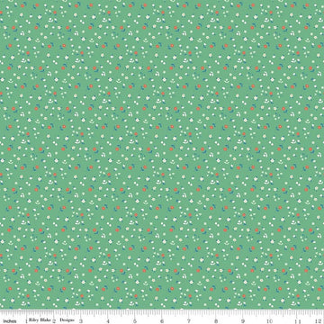 Image of Cotton Nook Flowers Green quilting cotton fabric by Minki Kim for Riley Blake Designs. Features flowers on a green background. Cute Little Fabric Shop.