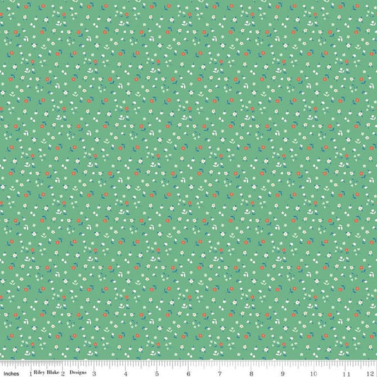 Image of Cotton Nook Flowers Green quilting cotton fabric by Minki Kim for Riley Blake Designs. Features flowers on a green background. Cute Little Fabric Shop.