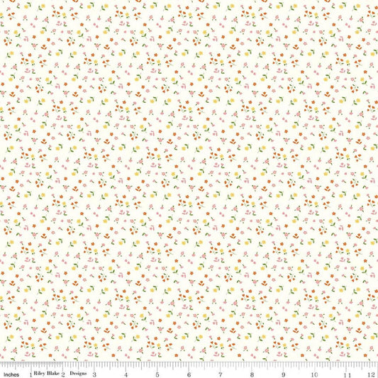 Image of Cotton Nook Flowers Vintage White quilting cotton fabric by Minki Kim for Riley Blake Designs. Features flowers on a white background. Cute Little Fabric Shop.