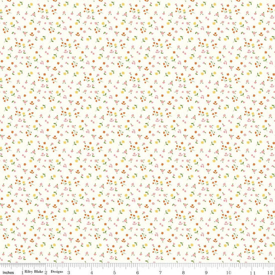 Image of Cotton Nook Flowers Vintage White quilting cotton fabric by Minki Kim for Riley Blake Designs. Features flowers on a white background. Cute Little Fabric Shop.