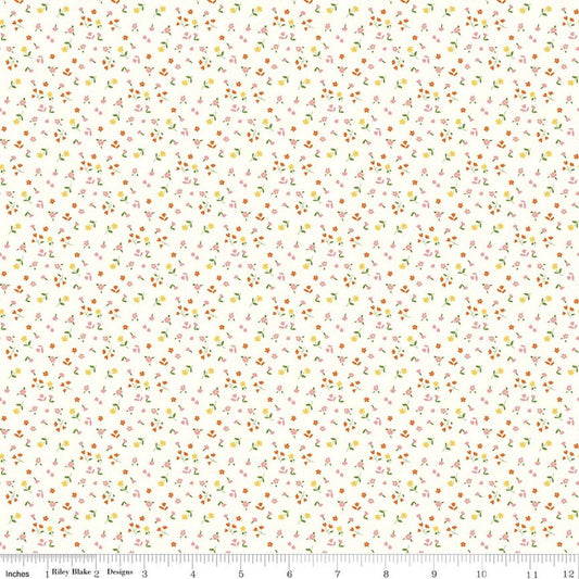 Image of Cotton Nook Flowers Vintage White quilting cotton fabric by Minki Kim for Riley Blake Designs. Features flowers on a white background. Cute Little Fabric Shop.