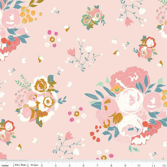 Image of Cotton Nook Main Blush quilting cotton fabric by Minki Kim for Riley Blake Designs. Features flowers on a pink background. Cute Little Fabric Shop.