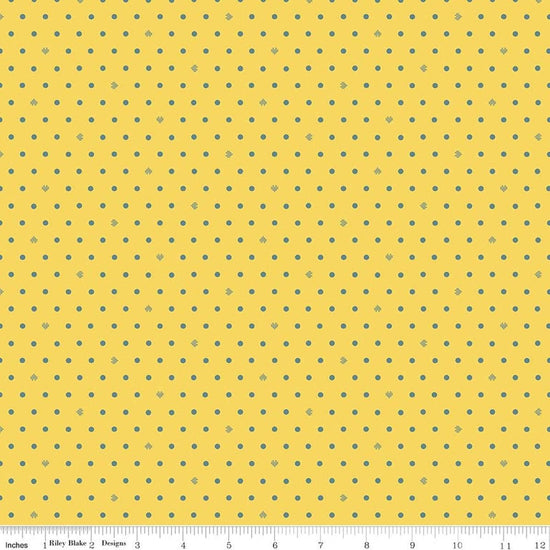 Image of Cotton Nook Dots Yellow quilting cotton fabric by Minki Kim for Riley Blake Designs. Features polka dots on a yellow background. Cute Little Fabric Shop.