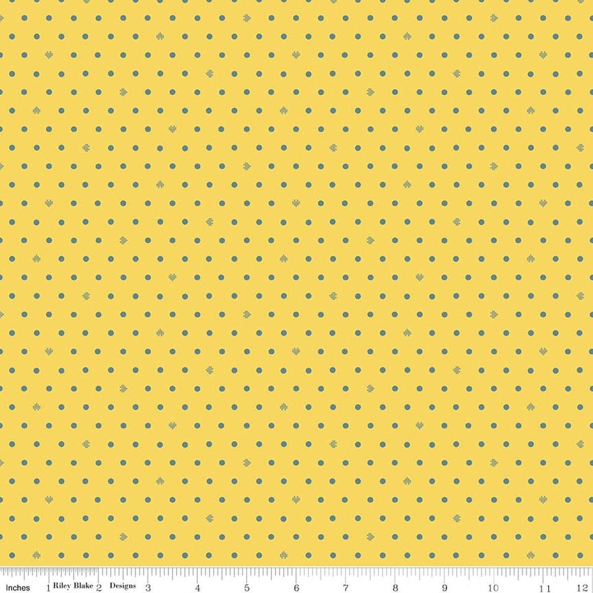 Image of Cotton Nook Dots Yellow quilting cotton fabric by Minki Kim for Riley Blake Designs. Features polka dots on a yellow background. Cute Little Fabric Shop.