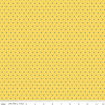 Image of Cotton Nook Dots Yellow quilting cotton fabric by Minki Kim for Riley Blake Designs. Features polka dots on a yellow background. Cute Little Fabric Shop.