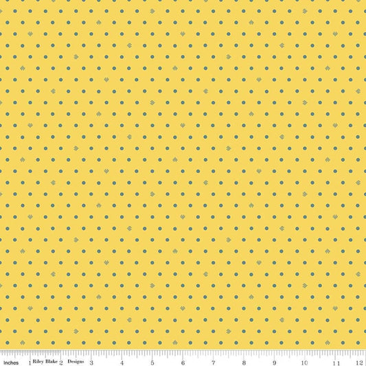 Image of Cotton Nook Dots Yellow quilting cotton fabric by Minki Kim for Riley Blake Designs. Features polka dots on a yellow background. Cute Little Fabric Shop.