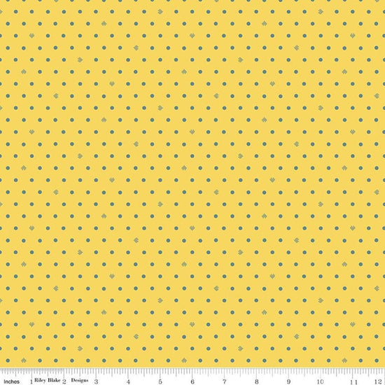 Image of Cotton Nook Dots Yellow quilting cotton fabric by Minki Kim for Riley Blake Designs. Features polka dots on a yellow background. Cute Little Fabric Shop.