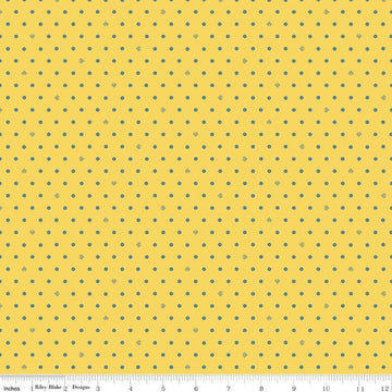 Image of Cotton Nook Dots Yellow quilting cotton fabric by Minki Kim for Riley Blake Designs. Features polka dots on a yellow background. Cute Little Fabric Shop.