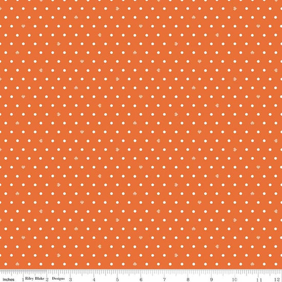 Image of Cotton Nook Dots Orange quilting cotton fabric by Minki Kim for Riley Blake Designs. Features polka dots on an orange background. Cute Little Fabric Shop.
