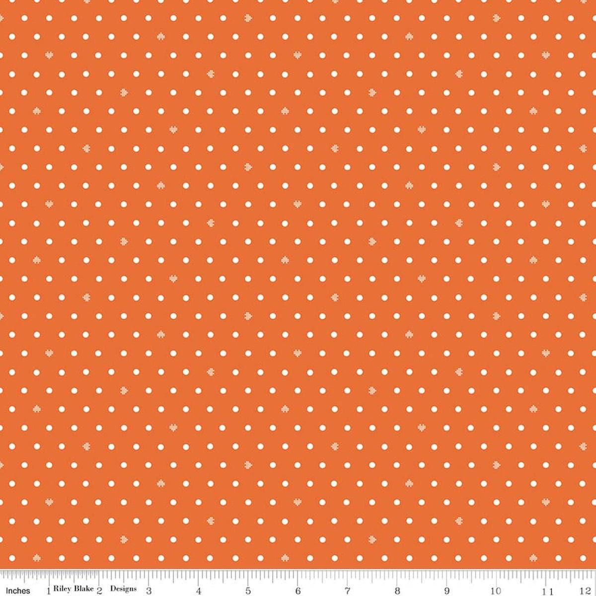 Image of Cotton Nook Dots Orange quilting cotton fabric by Minki Kim for Riley Blake Designs. Features polka dots on an orange background. Cute Little Fabric Shop.