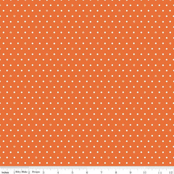 Image of Cotton Nook Dots Orange quilting cotton fabric by Minki Kim for Riley Blake Designs. Features polka dots on an orange background. Cute Little Fabric Shop.