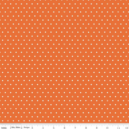 Image of Cotton Nook Dots Orange quilting cotton fabric by Minki Kim for Riley Blake Designs. Features polka dots on an orange background. Cute Little Fabric Shop.