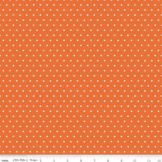 Image of Cotton Nook Dots Orange quilting cotton fabric by Minki Kim for Riley Blake Designs. Features polka dots on an orange background. Cute Little Fabric Shop.