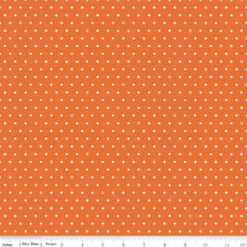 Image of Cotton Nook Dots Orange quilting cotton fabric by Minki Kim for Riley Blake Designs. Features polka dots on an orange background. Cute Little Fabric Shop.