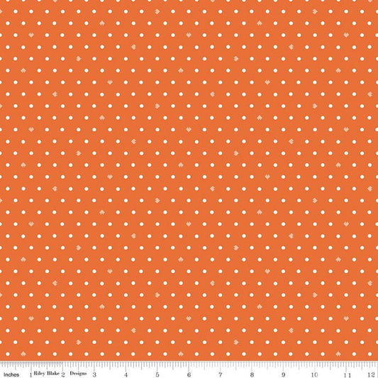Image of Cotton Nook Dots Orange quilting cotton fabric by Minki Kim for Riley Blake Designs. Features polka dots on an orange background. Cute Little Fabric Shop.
