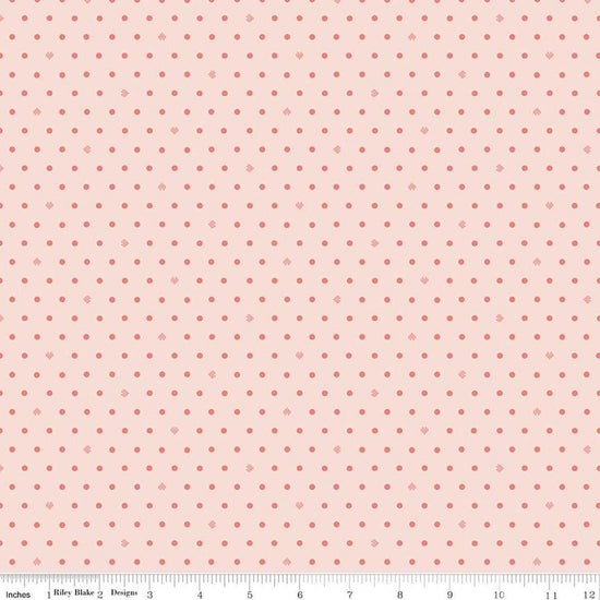 Image of Cotton Nook Dots Blush quilting cotton fabric by Minki Kim for Riley Blake Designs. Features polka Dots on a pink background. Cute Little Fabric Shop.