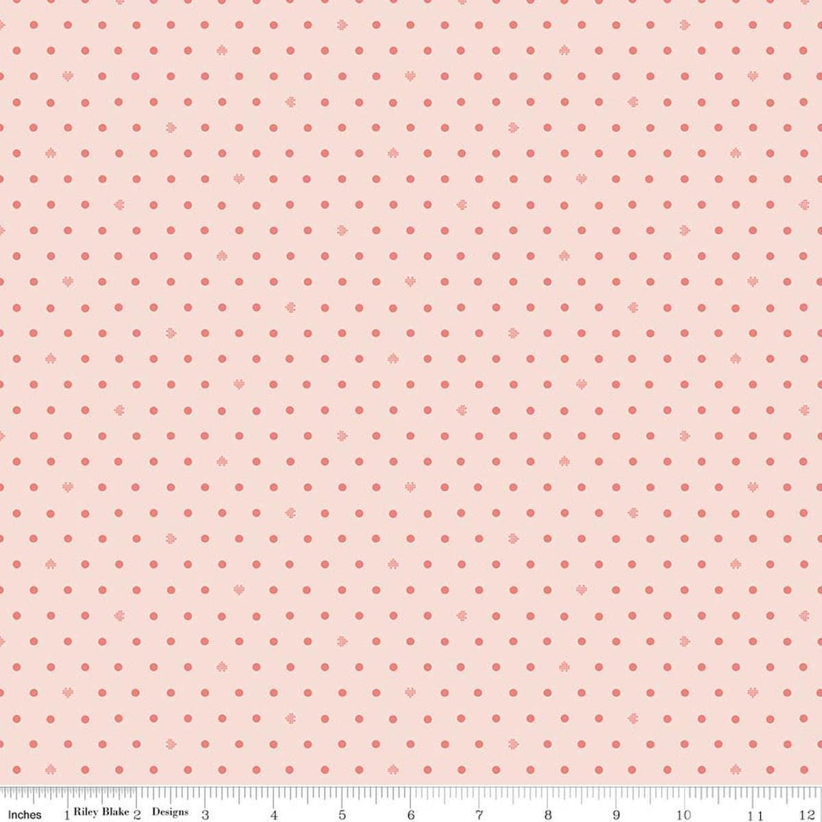 Image of Cotton Nook Dots Blush quilting cotton fabric by Minki Kim for Riley Blake Designs. Features polka Dots on a pink background. Cute Little Fabric Shop.